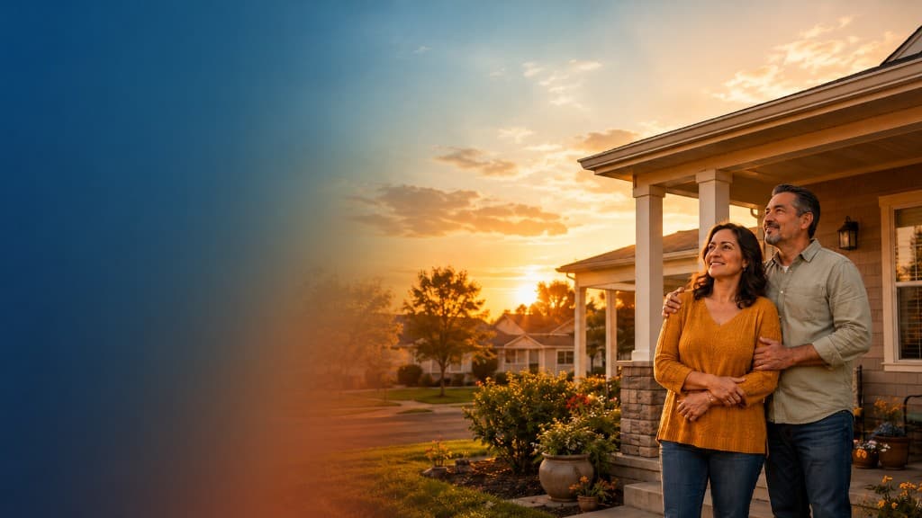 Ohio homeowners standing together outside their home at golden hour